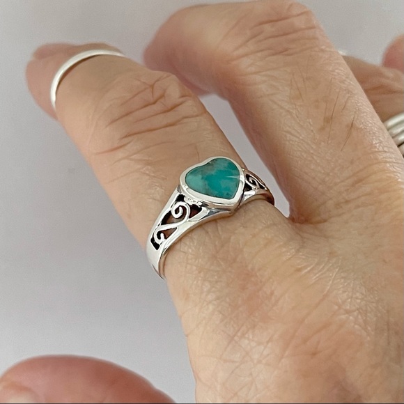Sterling Silver Swirly and Genuine Turquoise Heart Ring, Silver Rings, Stones - Picture 12 of 12